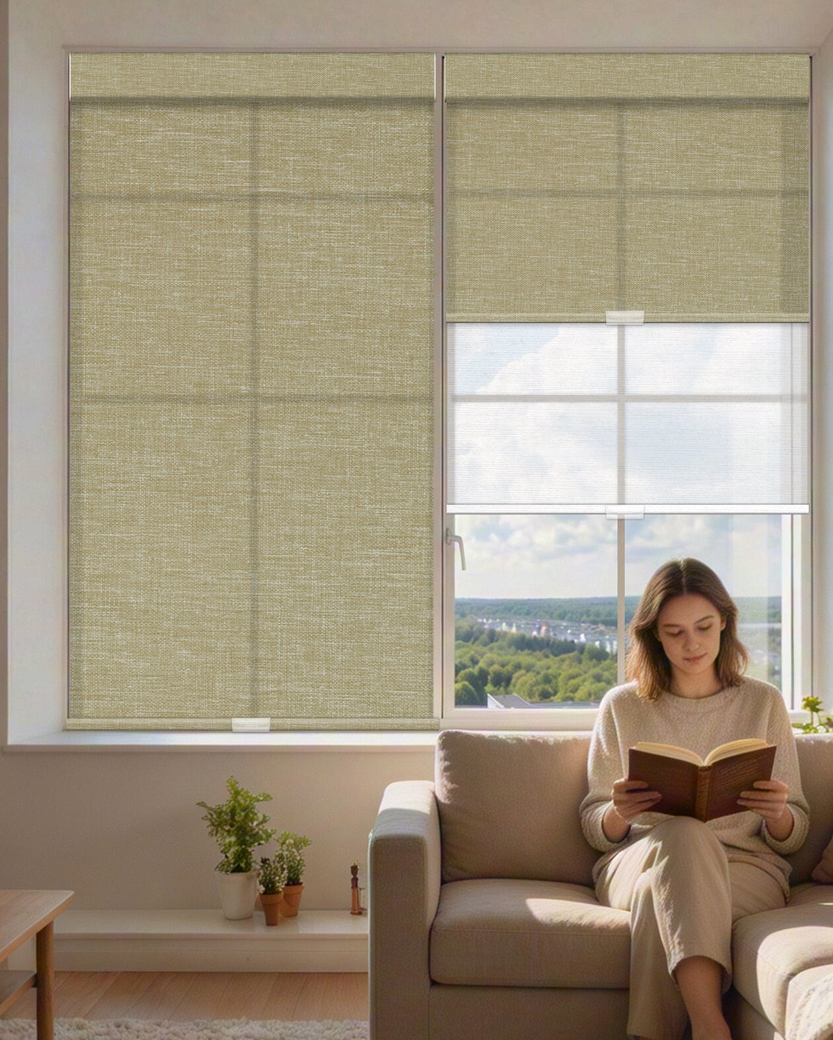 Manual Cordless Dual Roller Shades, Light Filtering & Sheer