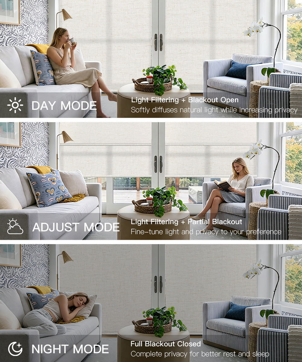 Motorized Dual Roller Shades, Blackout & Light Filtering