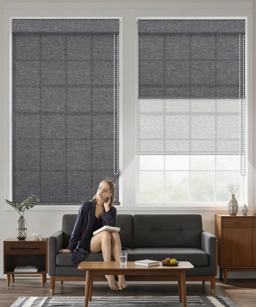 Manual Corded Dual Roller Shades, Light Filtering & Sheer